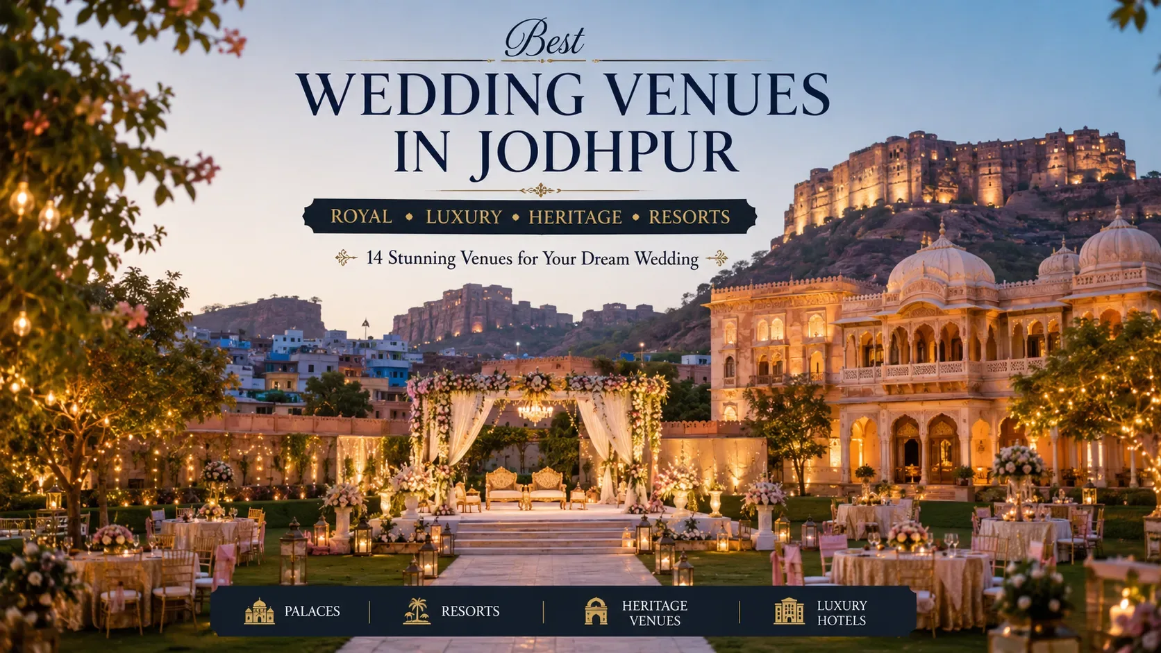 Elegant outdoor wedding setup with decor and city backdrop.