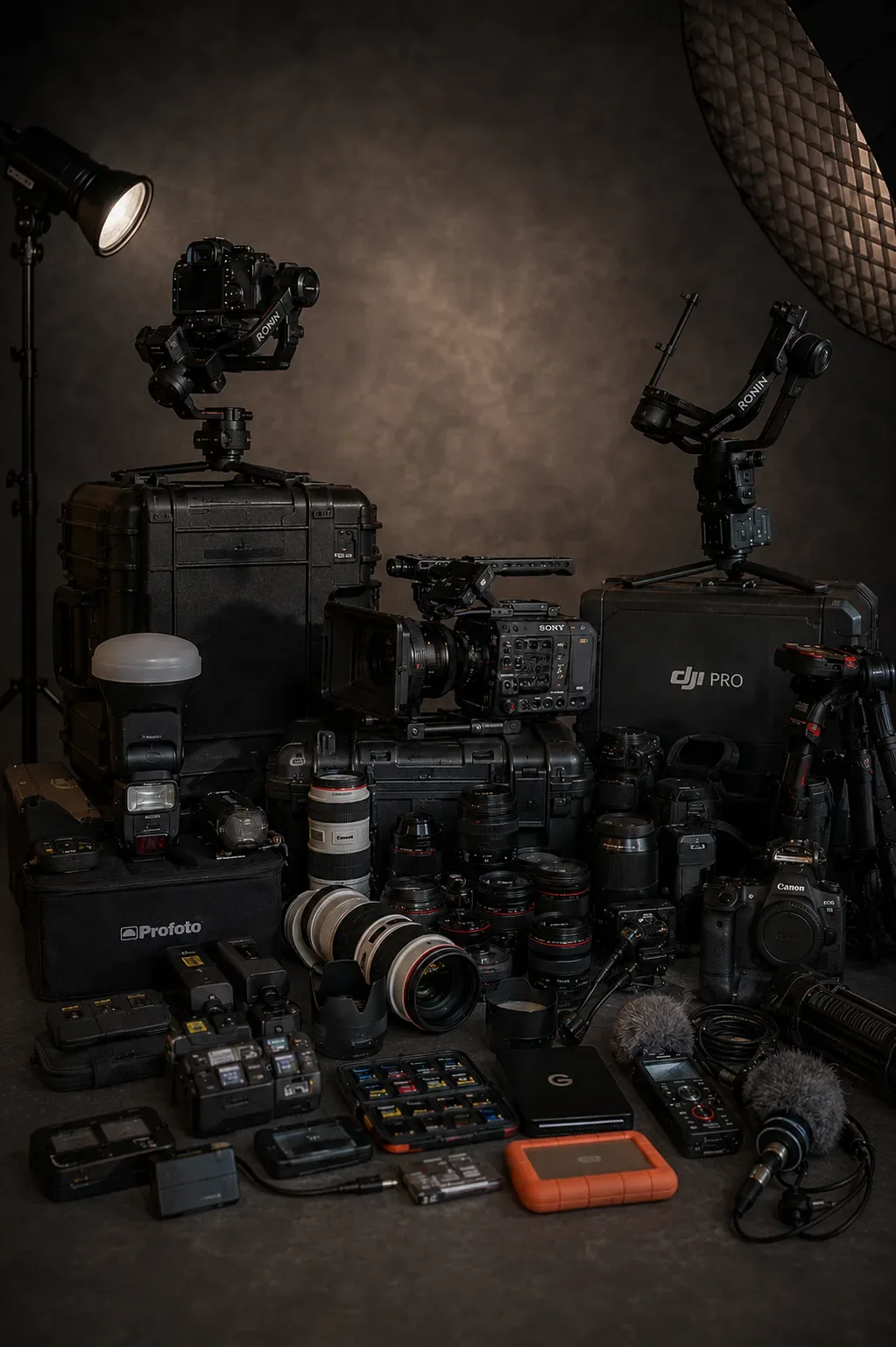 Various professional camera and lighting equipment for wedding films.